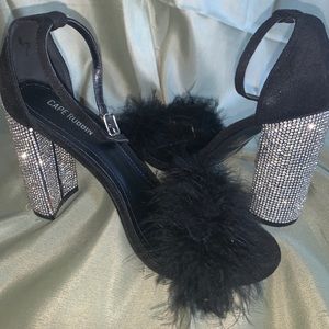 Black Rhinestone Block Heels